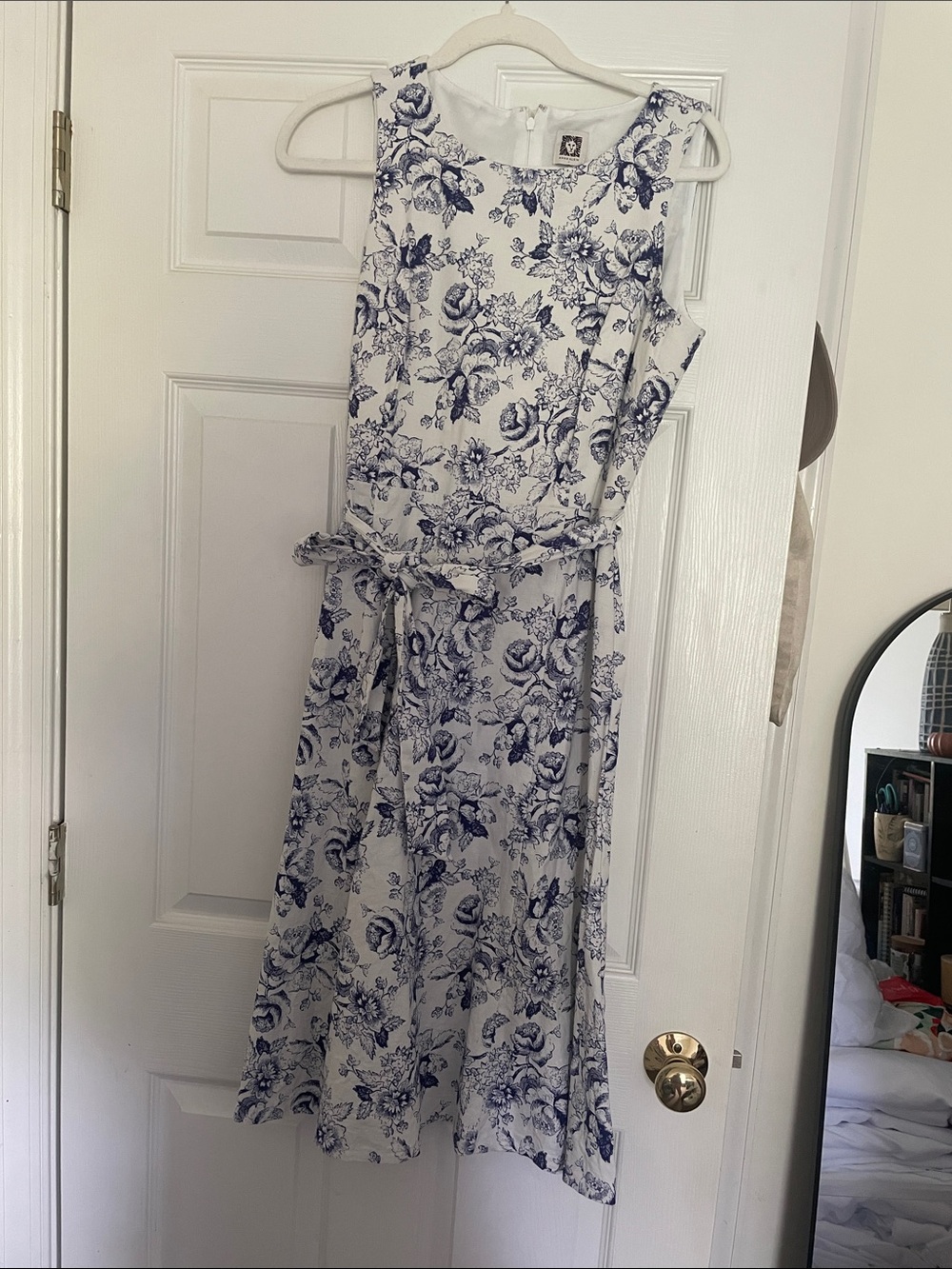 Anne Klein White Dress with Navy Blue Floral Toile
